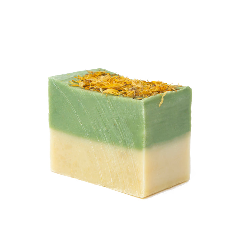 Atlas Cedarwood  Double Casablanca Soap Bar green and white topped with Calendula flowers
