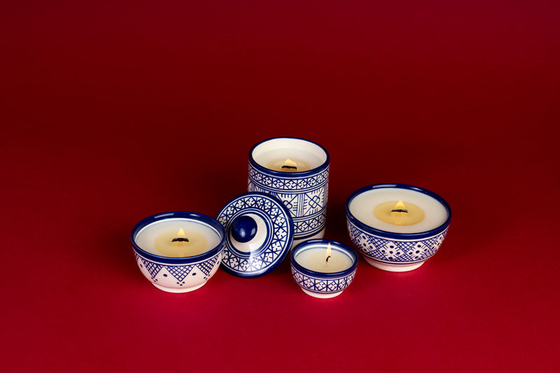 Ceramic Moroccan Candles lit with wood wick