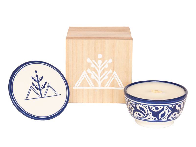 Moroccan Ceramic Candle with lid and pine wood box